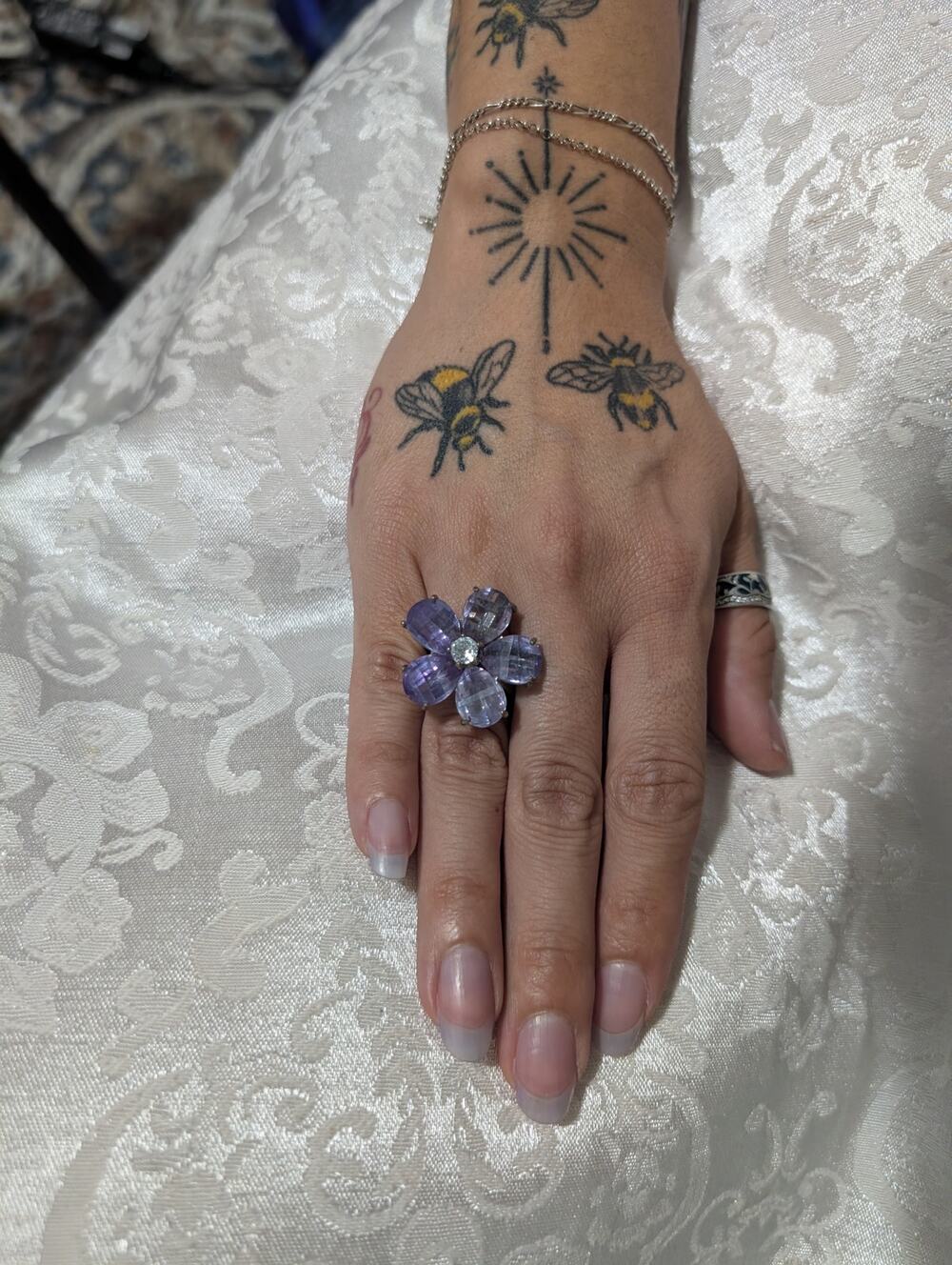 Crystal lavender flower statement ring